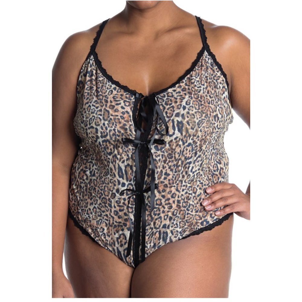 Hanky Panky Womens Black Tan Leopard Lace Up Thong Teddy Lingerie Plus Sz 2X New